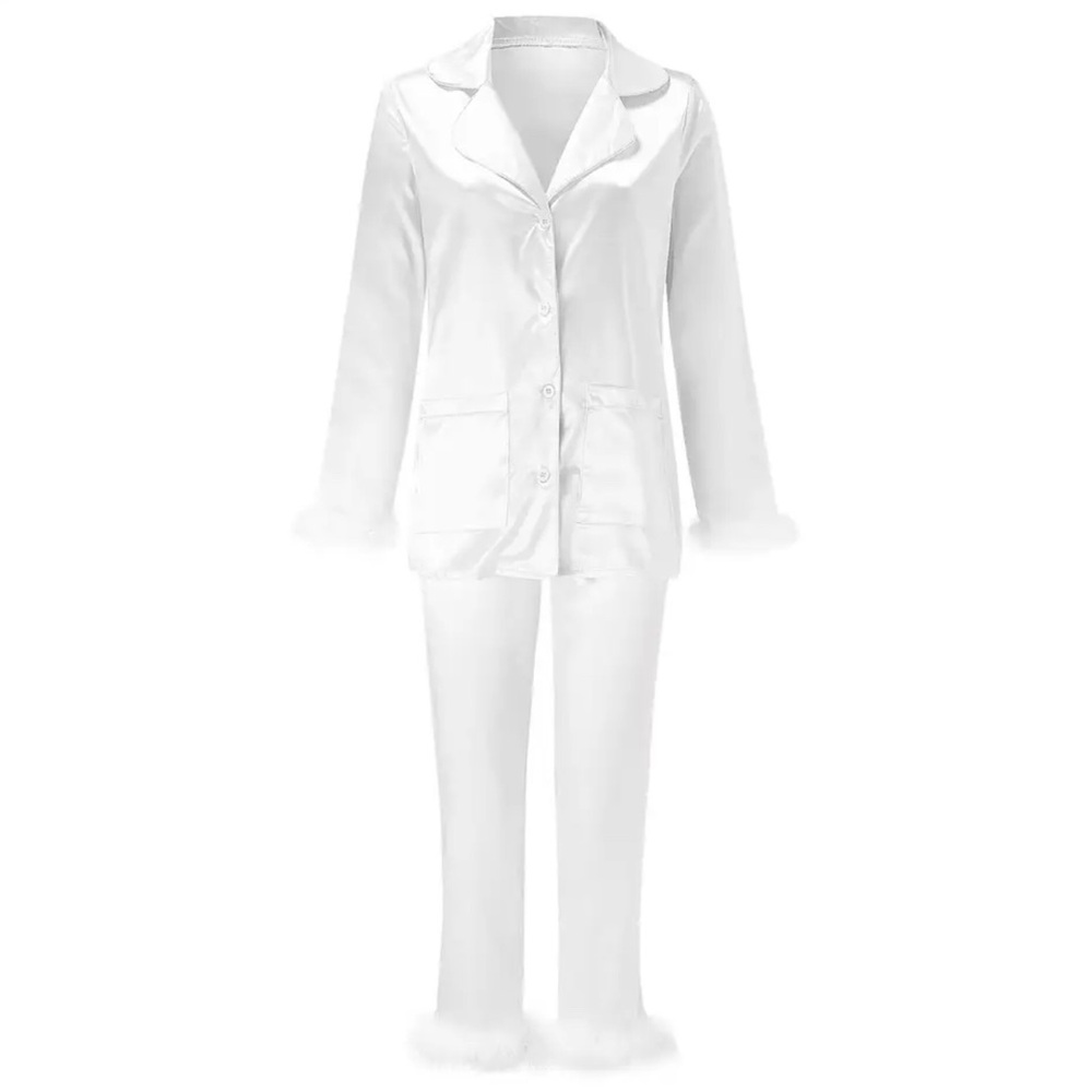 COPY - COPY - Feather Trim Satin Button-Up Top and Bottoms Pajamas